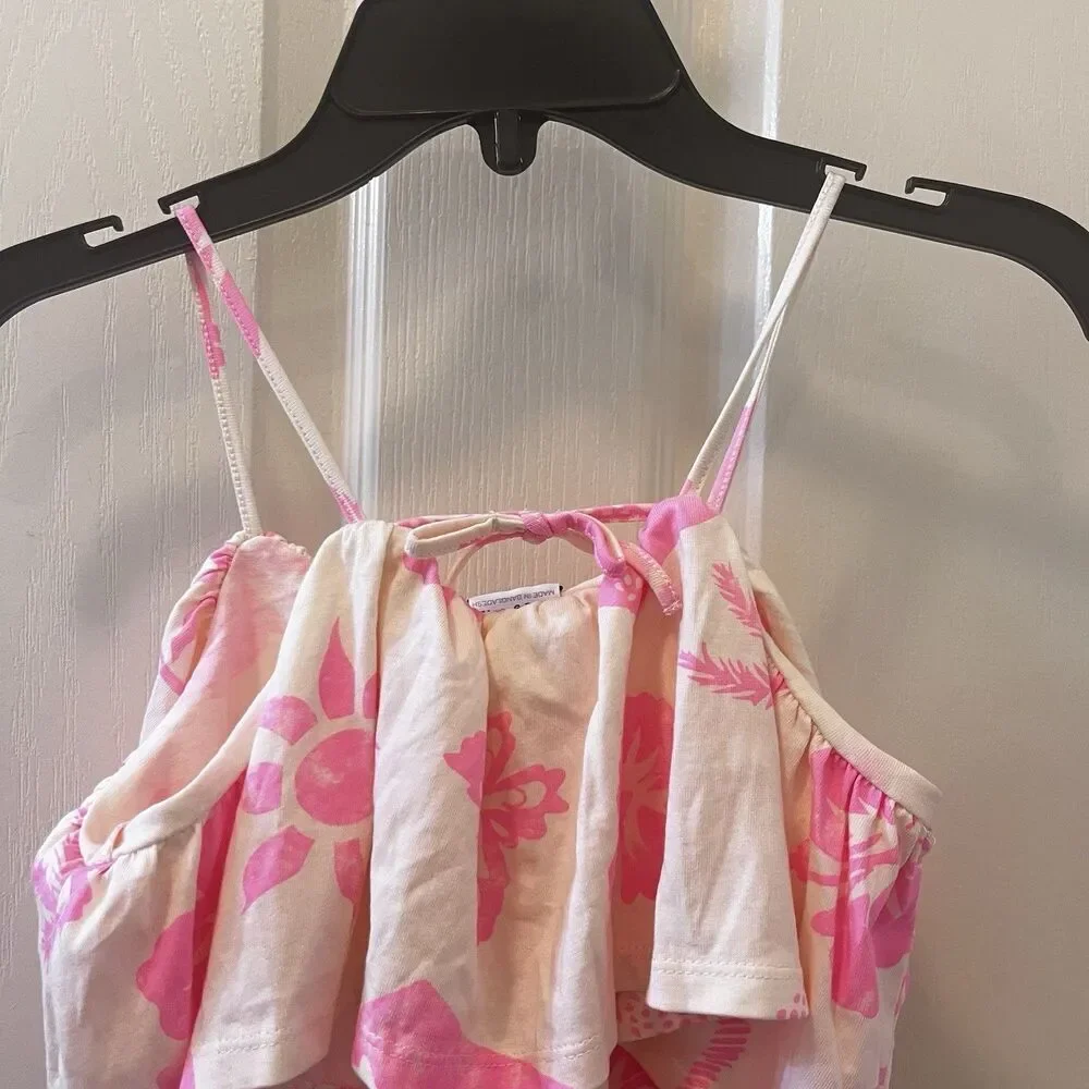 Zara Girls Pink Tropical Ruffle Crop Tank Floral Hawaiian Palm Trees SZ 8-9 NWT